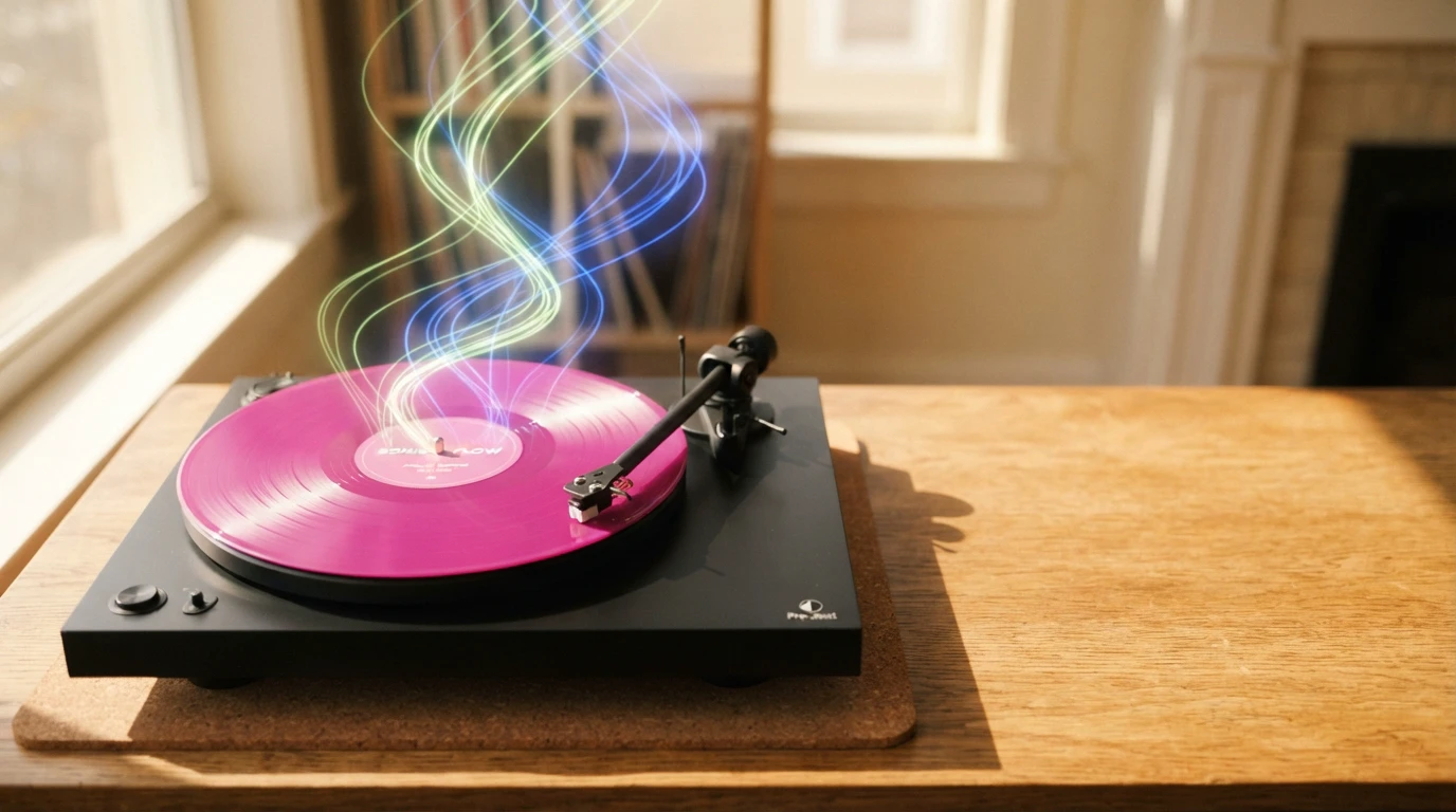 A magenta vinyl spinning on a black turntable on a sunlit wood desk, with lime and cobalt light threads rising off the record.