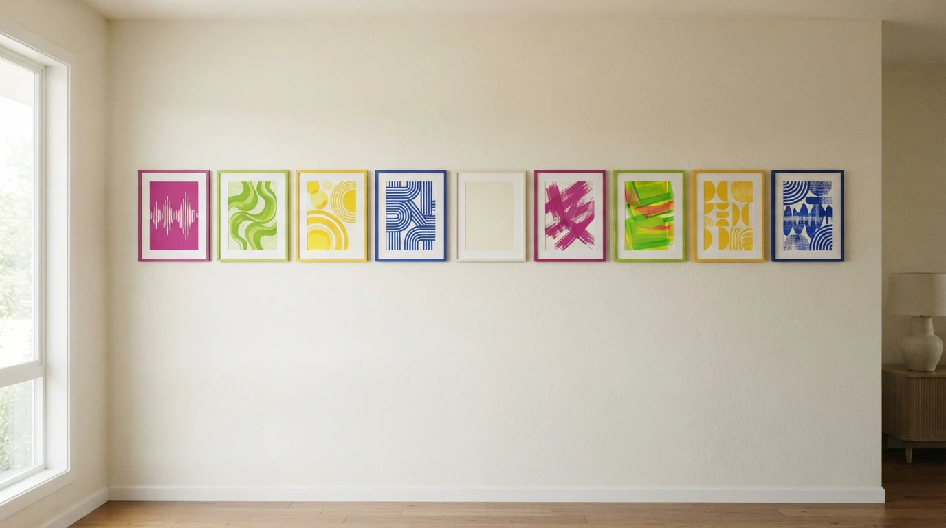 A row of nine colorful framed abstract music-inspired artworks on a cream gallery wall.