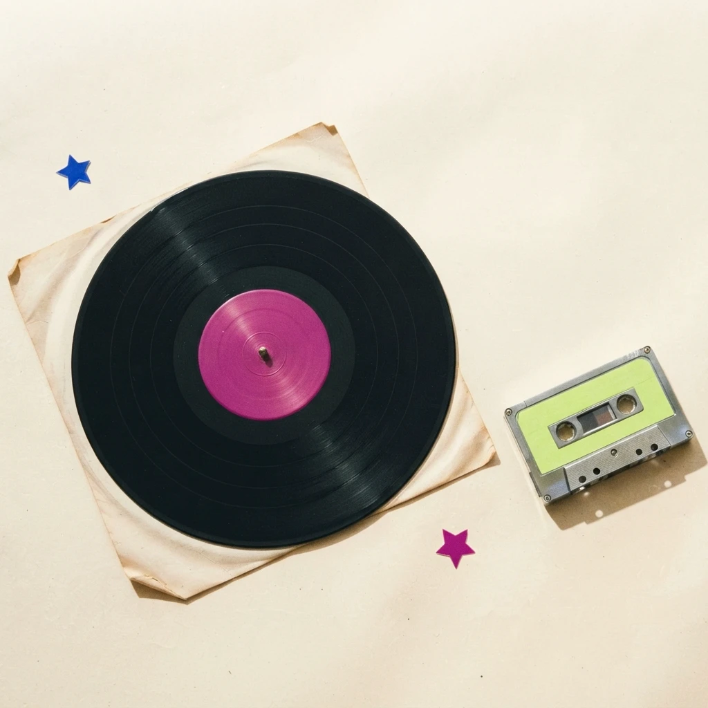 A vinyl record with a magenta label, a lime shell cassette, and three bright star stickers, on a cream paper background.